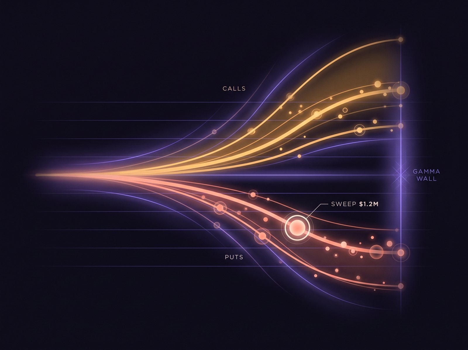 Options flow illustration: gold call ribbons rising and coral put ribbons falling toward a violet gamma wall with a large sweep highlighted