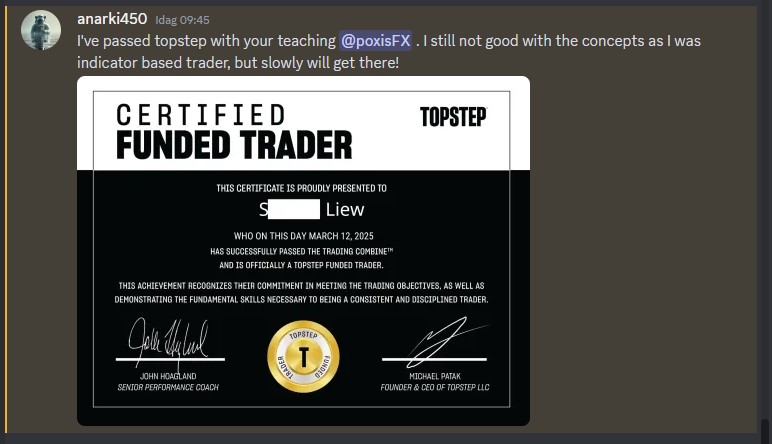 Topstep certified funded trader certificate earned by an Academy member