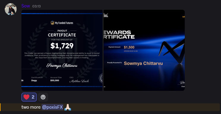 Payout certificate from My Funded Futures earned by an Academy member
