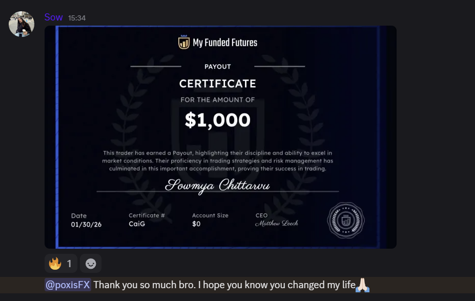 Payout certificates shared in the poxisFX Discord