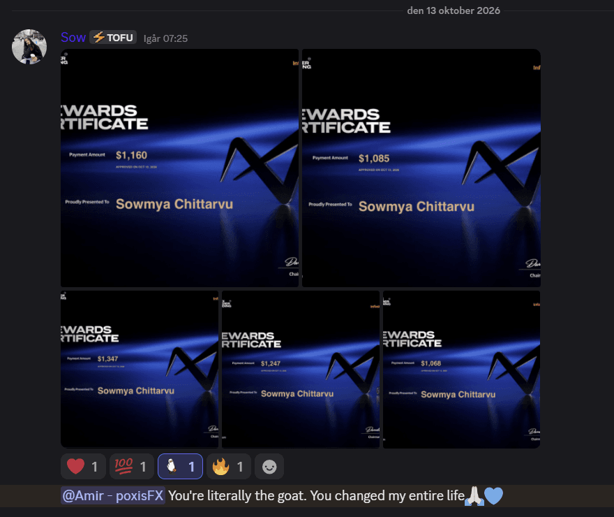 Discord post with five Apex Trader Funding payout certificates, $1,160, $1,085, $1,347, $1,247 and $1,068, shared by an Academy member