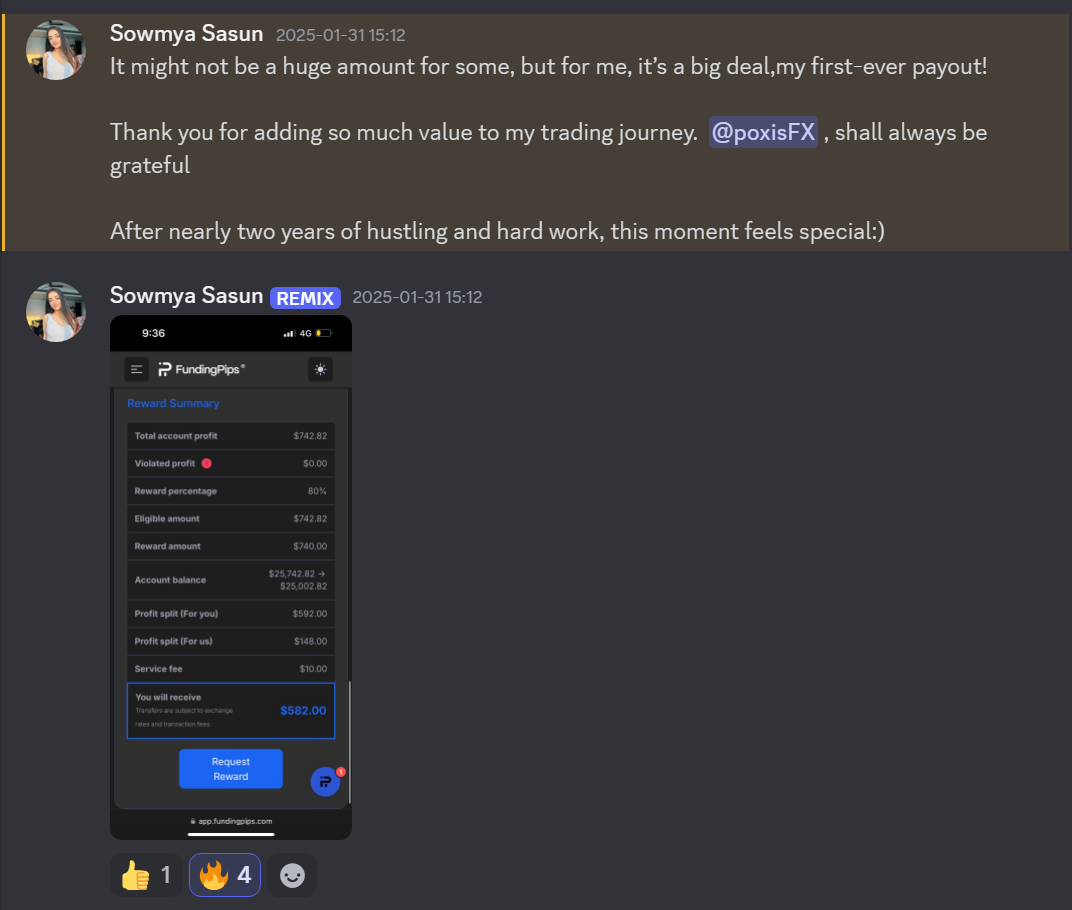 Discord post celebrating a first funded-account payout with a FundingPips reward summary