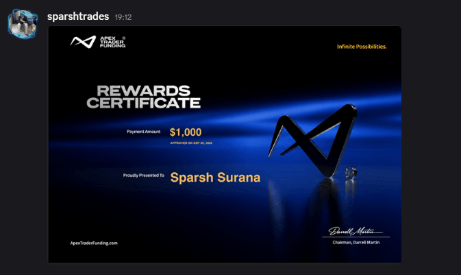 Apex Trader Funding rewards certificate for $1,000 shared by an Academy member