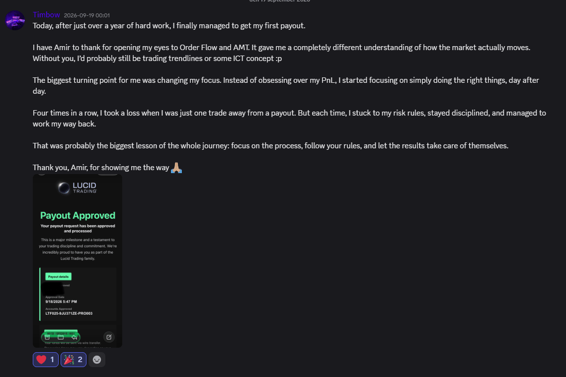 Discord post from an Academy member about a first payout after a year of work, with a Lucid Trading payout approved screen