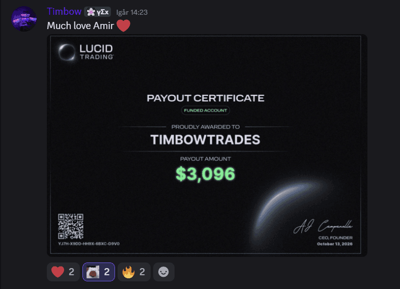 Lucid Trading payout certificate for $3,096 on a funded account, shared in the poxisFX Discord