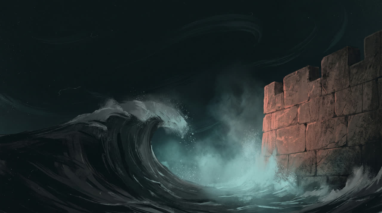 A large wave breaking against a solid stone sea wall at night