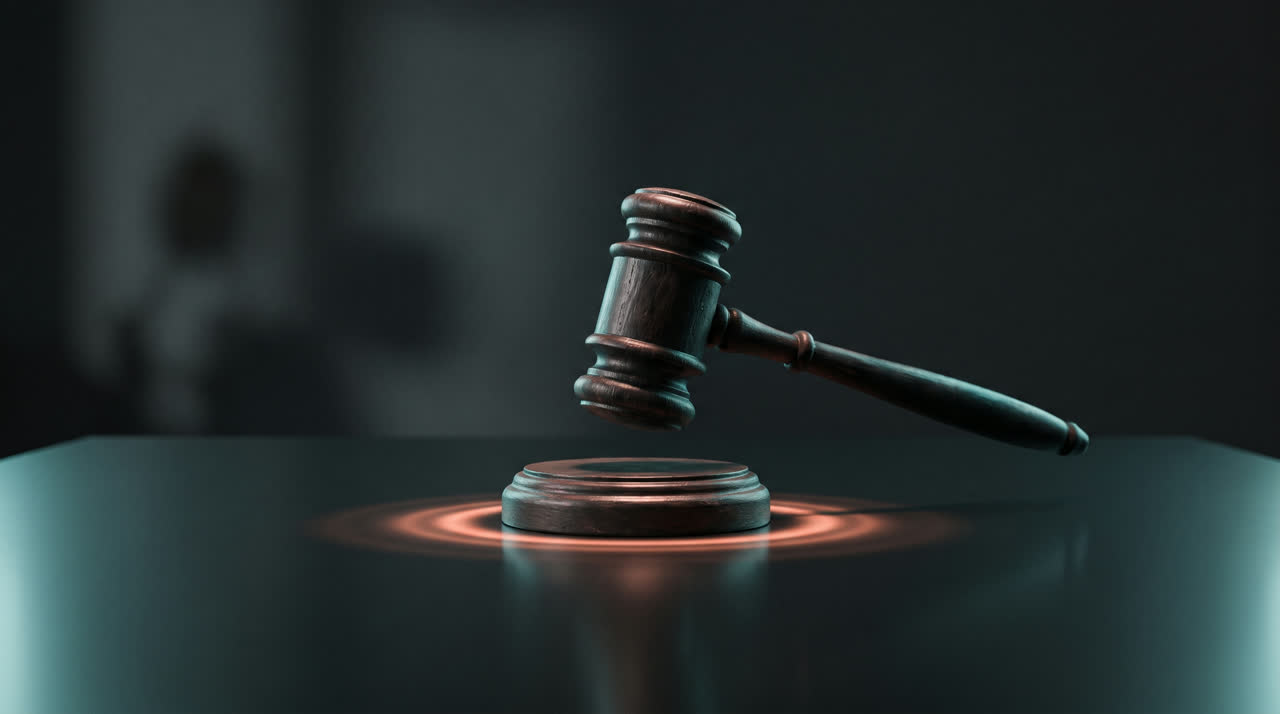A wooden auctioneer's gavel caught mid-strike above its sound block