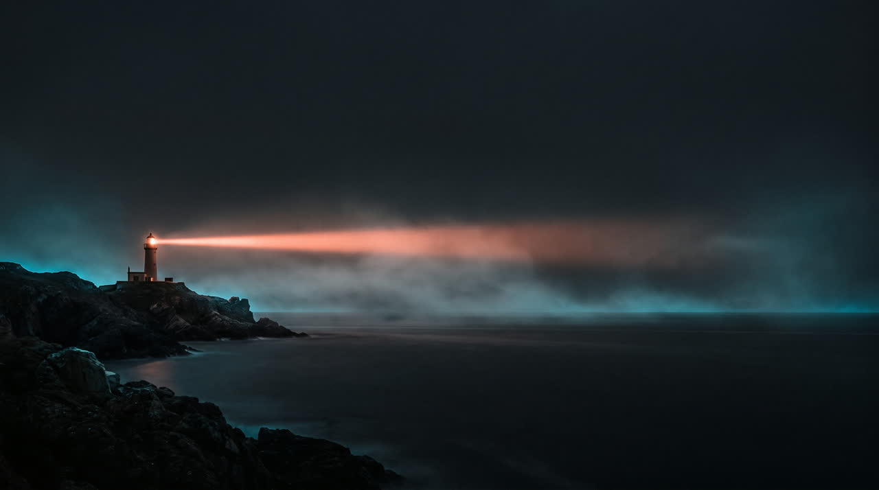 A lighthouse on a dark rocky shore with its beam cutting through the mist