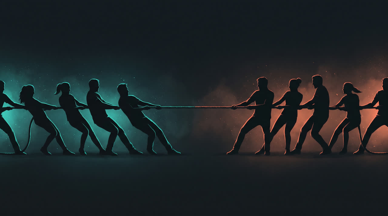 A tug of war in silhouette, one team lit teal, the other lit coral