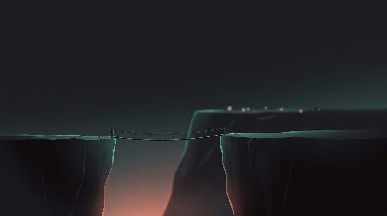 A narrow bridge crossing a deep gorge between two wide flat plateaus