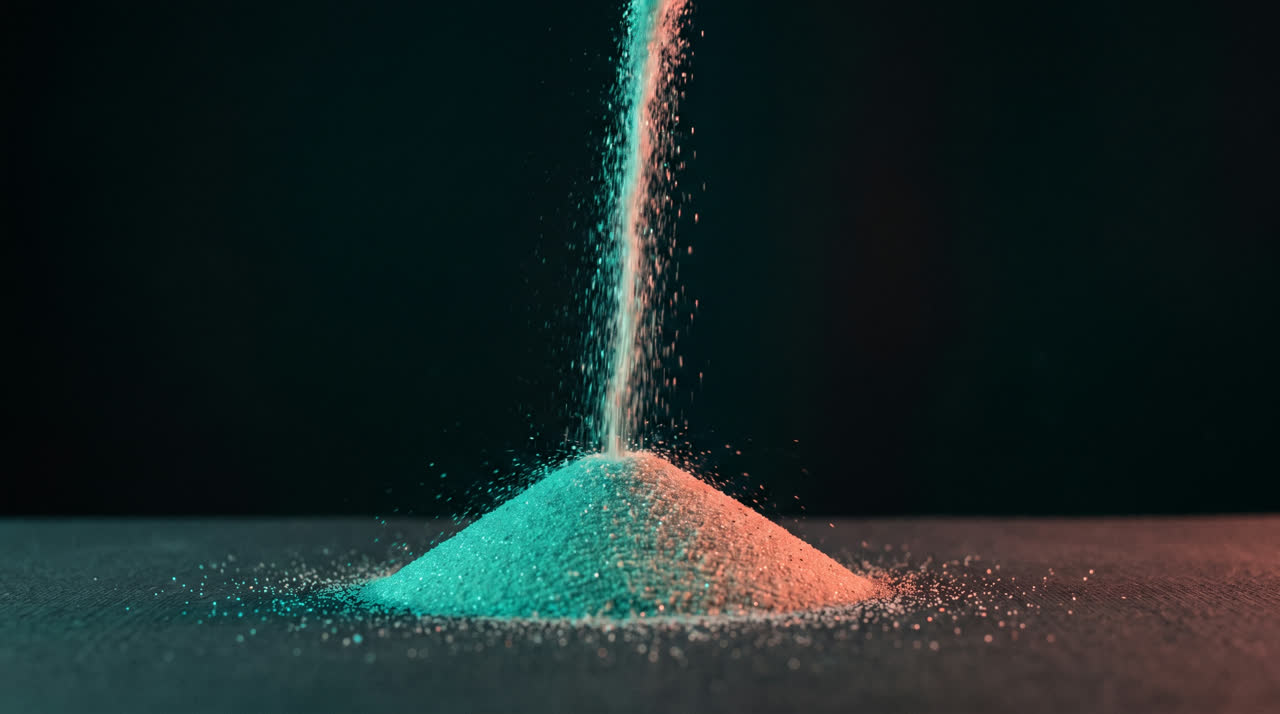 Glowing sand pouring into a smooth rounded mound on a dark table
