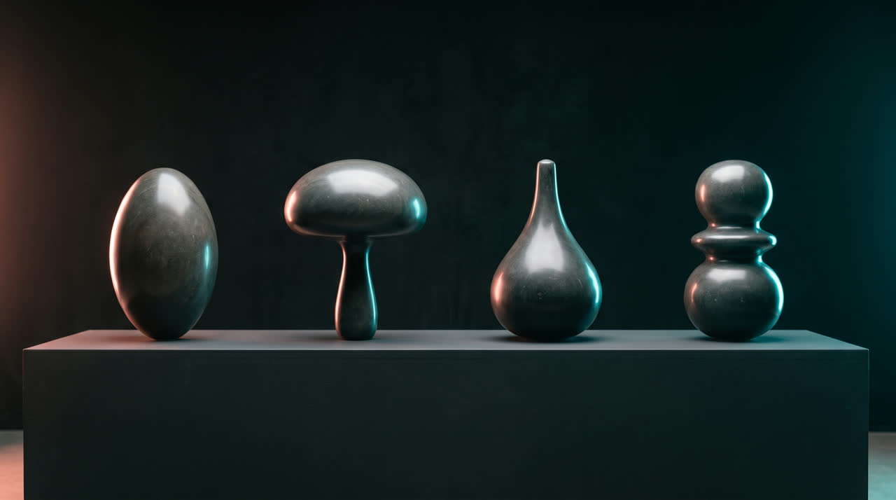 Four smooth stone sculptures in a row, each with a different silhouette