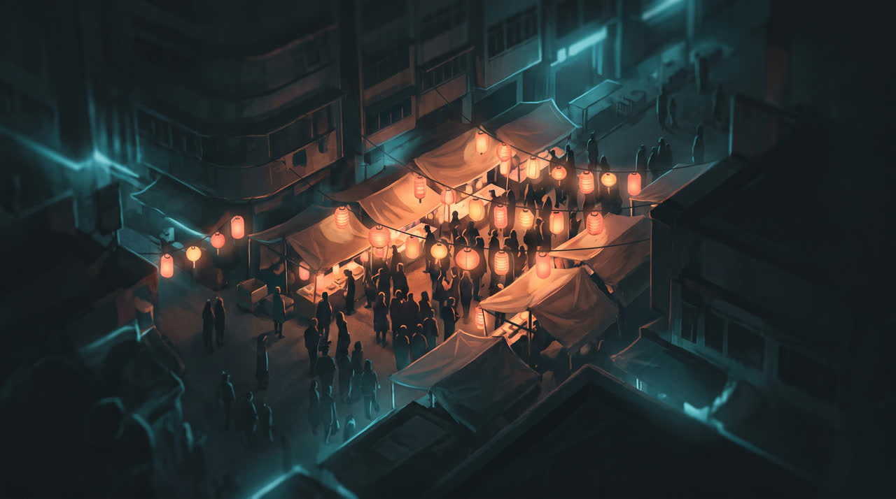 A busy, warmly lit night market in the centre with quiet dark streets at the edges